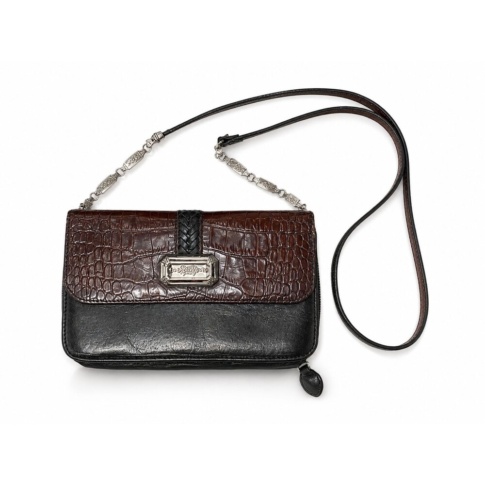 Brighton Vintage Leather Croc Embossed Organizer Crossbody Wallet Bag Black Brow